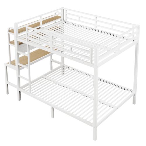 Lit Superposé 140x200 Cm Blanc En Métal Avec Bureau, LED, USB Et Rangements Intégrés