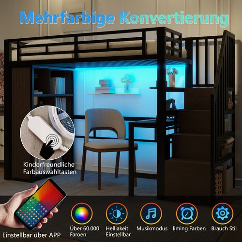 Lit Mezzanine 90x200 Cm Noir En Métal Avec Bureau, LED, Rangements Et Étagères Intégrées