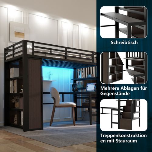 Lit Mezzanine 90x200 Cm Noir En Métal Avec Bureau, LED, Rangements Et Étagères Intégrées