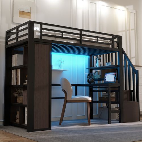 Lit Mezzanine 90x200 Cm Noir En Métal Avec Bureau, LED, Rangements Et Étagères Intégrées