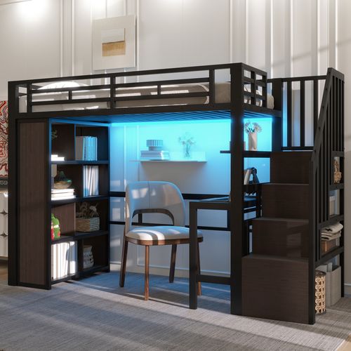 Lit Mezzanine 90x200 Cm Noir En Métal Avec Bureau, LED, Rangements Et Étagères Intégrées