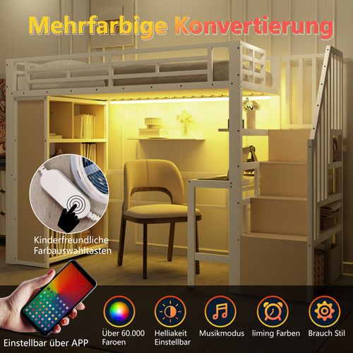 Lit Mezzanine 90x200 Cm Blanc En Métal Avec Bureau, LED, Rangements Et Étagères Intégrées