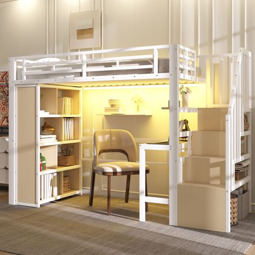 Lit Mezzanine 90x200 Cm Blanc En Métal Avec Bureau, LED, Rangements Et Étagères Intégrées