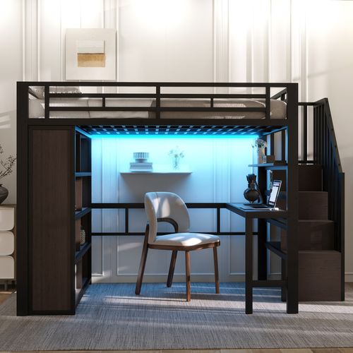 Lit Mezzanine 140x200 Cm Noir En Métal Avec Bureau, LED Et Rangements Intégrés