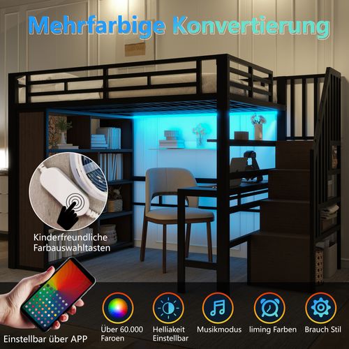 Lit Mezzanine 140x200 Cm Noir En Métal Avec Bureau, LED Et Rangements Intégrés