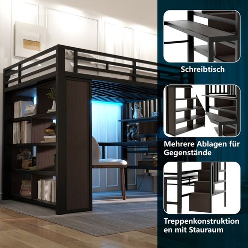 Lit Mezzanine 140x200 Cm Noir En Métal Avec Bureau, LED Et Rangements Intégrés