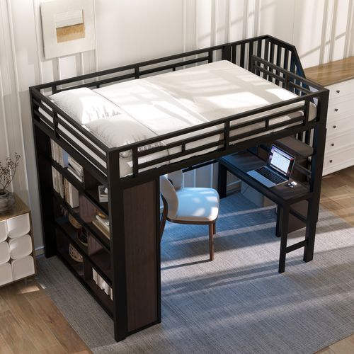 Lit Mezzanine 140x200 Cm Noir En Métal Avec Bureau, LED Et Rangements Intégrés