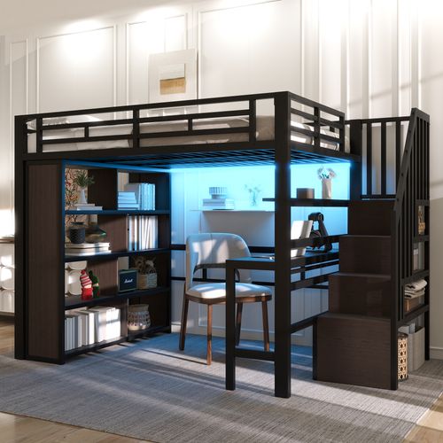 Lit Mezzanine 140x200 Cm Noir En Métal Avec Bureau, LED Et Rangements Intégrés