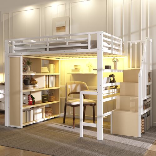 Lit Mezzanine 140x200 Cm Blanc En Métal Avec Bureau, LED Et Rangements Intégrés