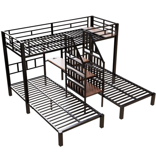 Lit Superposé Triple 90x200 Cm Noir Avec LED, Bureau Intégré, Rangements Et Prises USB