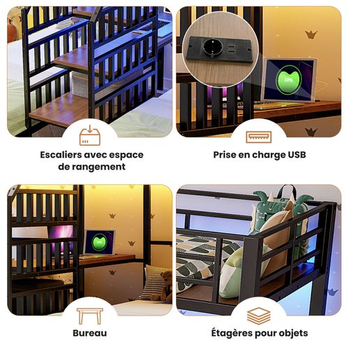 Lit Superposé Triple 90x200 Cm Noir Avec LED, Bureau Intégré, Rangements Et Prises USB