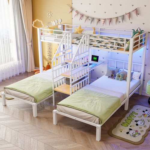 Lit Superposé Triple 90x200 Cm Noir Avec LED, Bureau Intégré, Rangements Et Prises USB