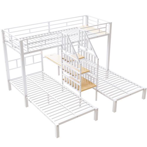 Lit Superposé Triple 90x200 Cm Noir Avec LED, Bureau Intégré, Rangements Et Prises USB