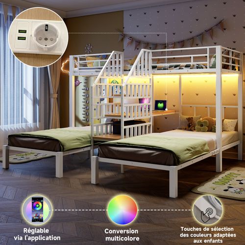 Lit Superposé Triple 90x200 Cm Noir Avec LED, Bureau Intégré, Rangements Et Prises USB