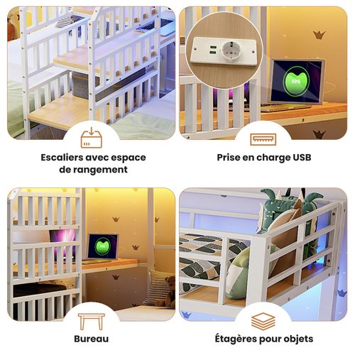 Lit Superposé Triple 90x200 Cm Noir Avec LED, Bureau Intégré, Rangements Et Prises USB