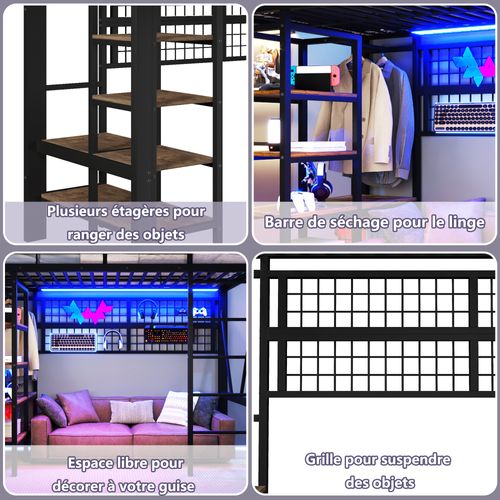 Lit Mezzanine 90x200 Cm Noir Avec LED, Rangement, Filet Suspendu Et Espace Ouvert Dessous