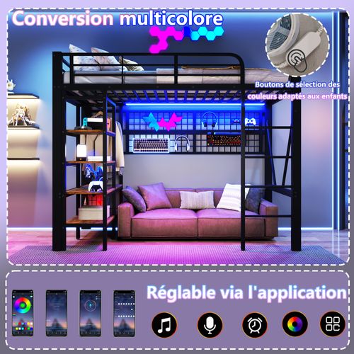 Lit Mezzanine 90x200 Cm Noir Avec LED, Rangement, Filet Suspendu Et Espace Ouvert Dessous