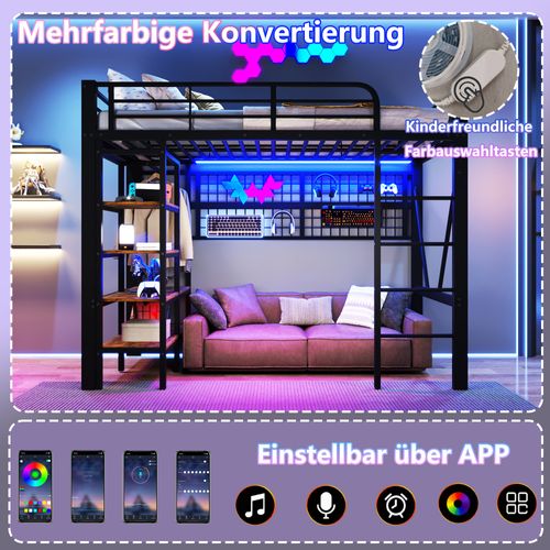 Lit Mezzanine 90x200 Cm Noir Avec LED, Rangement, Filet Suspendu Et Espace Ouvert Dessous