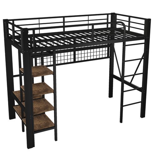 Lit Mezzanine 90x200 Cm Noir Avec LED, Rangement, Filet Suspendu Et Espace Ouvert Dessous