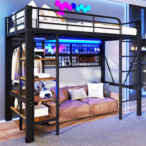 Lit Mezzanine 90x200 Cm Noir Avec LED, Rangement, Filet Suspendu Et Espace Ouvert Dessous