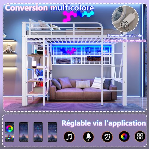 Lit Mezzanine 90x200 Cm Blanc Avec LED, Rangement, Filet Suspendu Et Espace Ouvert Dessous