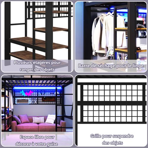 Lit Mezzanine 140x200 Cm Noir Avec LED, Rangement Suspendu Et Espace Ouvert Dessous