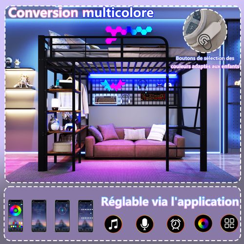 Lit Mezzanine 140x200 Cm Noir Avec LED, Rangement Suspendu Et Espace Ouvert Dessous