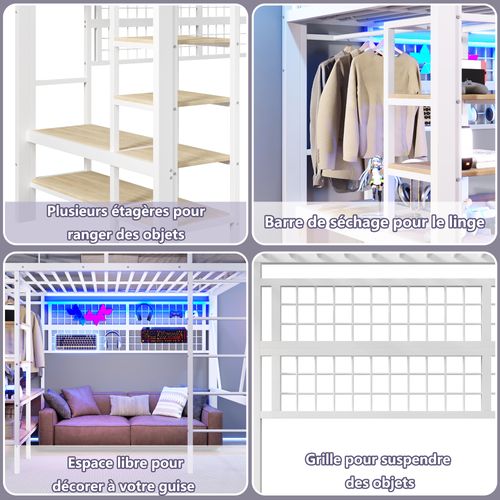 Lit Mezzanine 140x200 Cm Blanc Avec LED, Rangement Suspendu Et Espace Ouvert Dessous