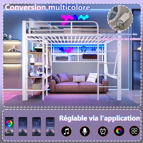 Lit Mezzanine 140x200 Cm Blanc Avec LED, Rangement Suspendu Et Espace Ouvert Dessous