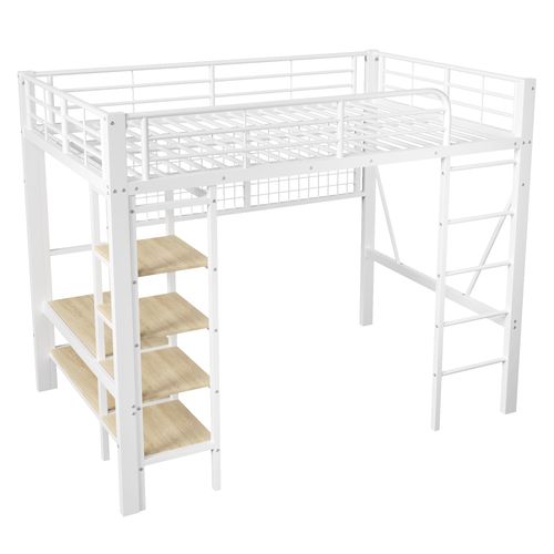 Lit Mezzanine 140x200 Cm Blanc Avec LED, Rangement Suspendu Et Espace Ouvert Dessous