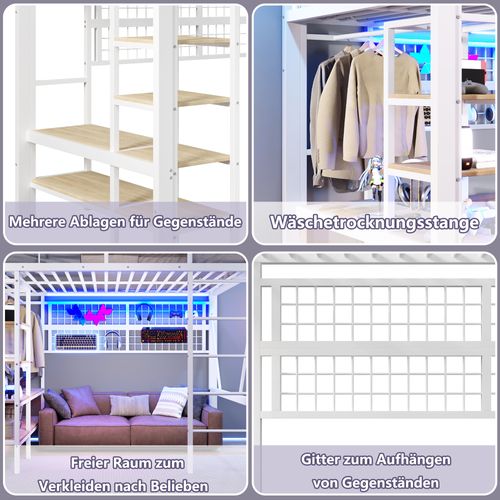 Lit Mezzanine 140x200 Cm Blanc Avec LED, Rangement Suspendu Et Espace Ouvert Dessous