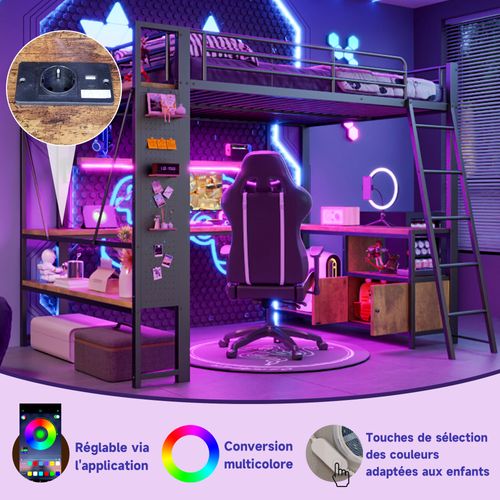 Lit Mezzanine 90x200 Cm Noir Avec LED, Bureau Intégré Et Rangements Multiples