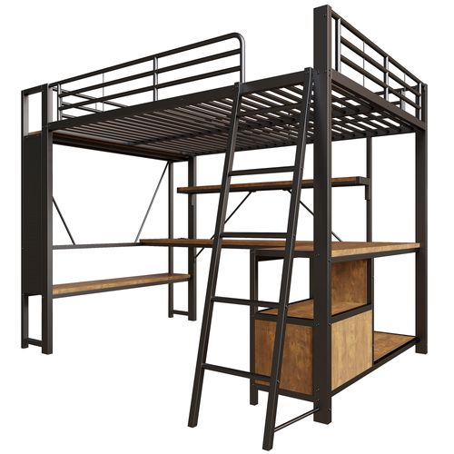 Lit Mezzanine 140x200 Cm Noir Avec Bureau Intégré, LED Et Rangements Multiples