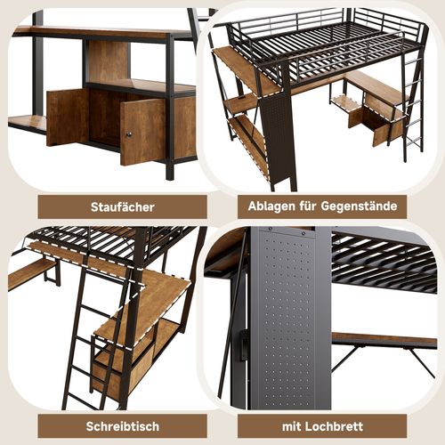 Lit Mezzanine 140x200 Cm Noir Avec Bureau Intégré, LED Et Rangements Multiples