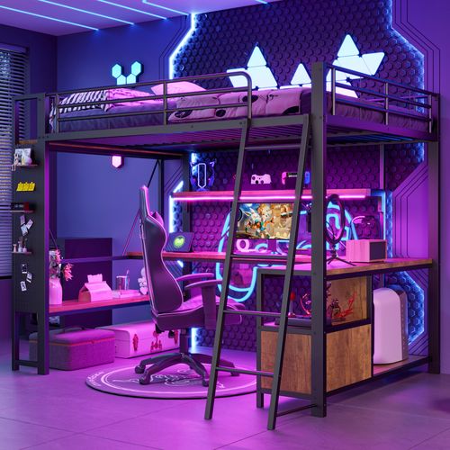 Lit Mezzanine 140x200 Cm Noir Avec Bureau Intégré, LED Et Rangements Multiples