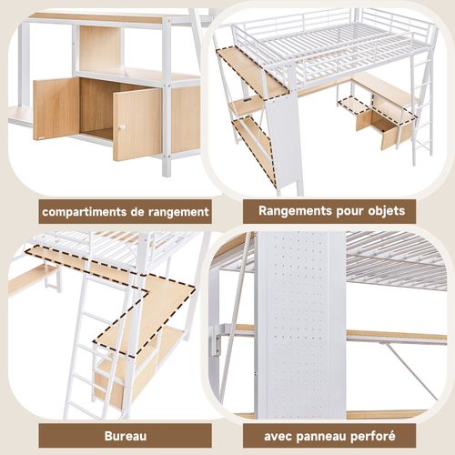 Lit Mezzanine 140x200 Cm Blanc Avec Bureau Intégré, LED Et Rangements Multiples