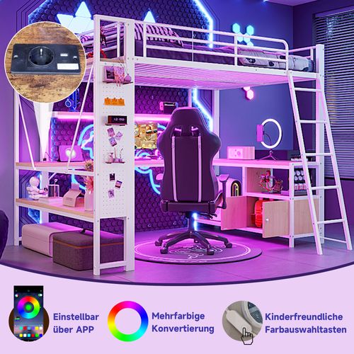 Lit Mezzanine 140x200 Cm Blanc Avec Bureau Intégré, LED Et Rangements Multiples