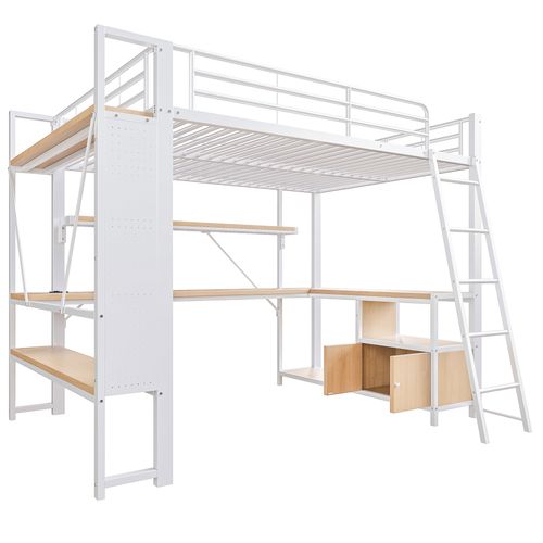 Lit Mezzanine 140x200 Cm Blanc Avec Bureau Intégré, LED Et Rangements Multiples