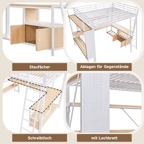 Lit Mezzanine 140x200 Cm Blanc Avec Bureau Intégré, LED Et Rangements Multiples