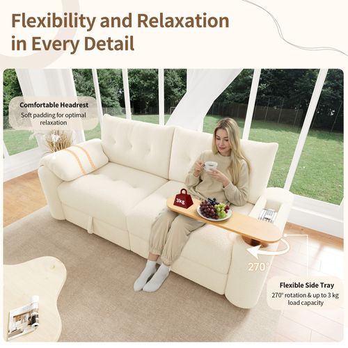 Canapé 3 Places Compact En Teddy Beige Avec Rangements Intégrés, Têtière Et Tablette Pivotante