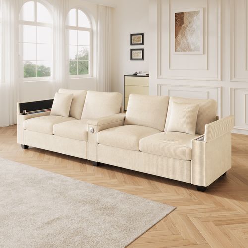 Canapé 4/5 Places Moderne En Velours Côtelé Beige, Avec Ports USB et USB-c, Accoudoirs Relevables