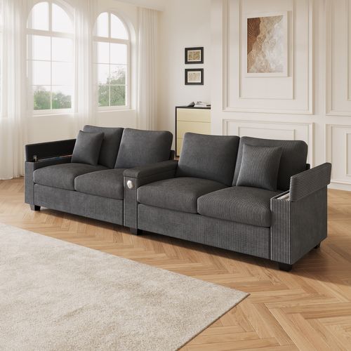Canapé 4/5 Places Moderne En Velours Côtelé Gris, Avec Ports USB et USB-c, Accoudoirs Relevables