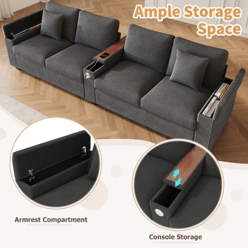 Canapé 4/5 Places Moderne En Velours Côtelé Gris, Avec Ports USB et USB-c, Accoudoirs Relevables