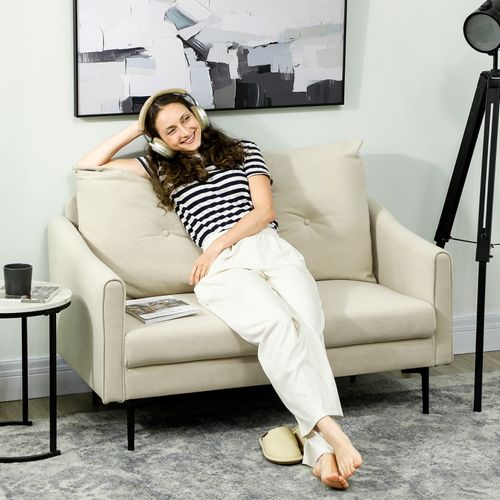 Canapé 2 Places Crème Avec Mousse Haute Résilience, Assise Confortable, Moderne Et Cadre Métallique