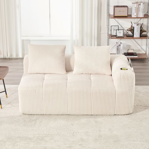 Canapé 2 Places En Velours Côtelé Beige, Coussins Doux Avec Porte-gobelets Intégrés