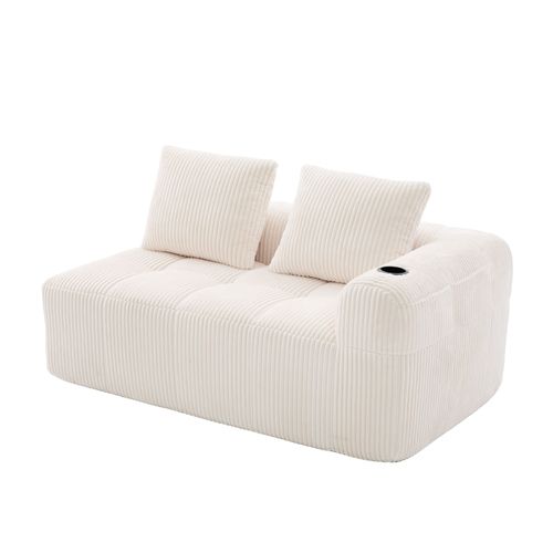 Canapé 2 Places En Velours Côtelé Beige, Coussins Doux Avec Porte-gobelets Intégrés