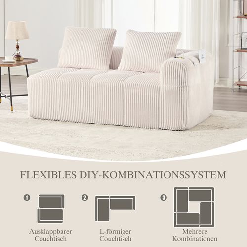 Canapé 2 Places En Velours Côtelé Beige, Coussins Doux Avec Porte-gobelets Intégrés