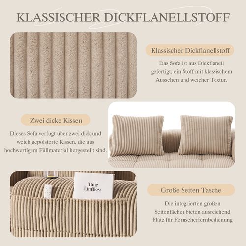 Canapé 2 Places En Velours Côtelé Kaki, Coussins Doux Avec Porte-gobelets Intégrés