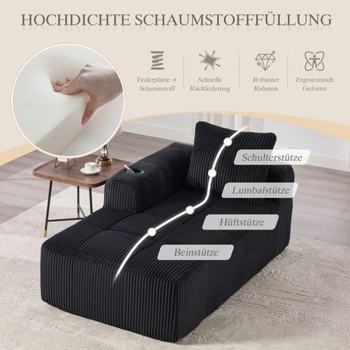 Canapé En Velours Côtelé Noir, Compact, Confortable Avec Rangement Latéral Et Porte-gobelets Intégré