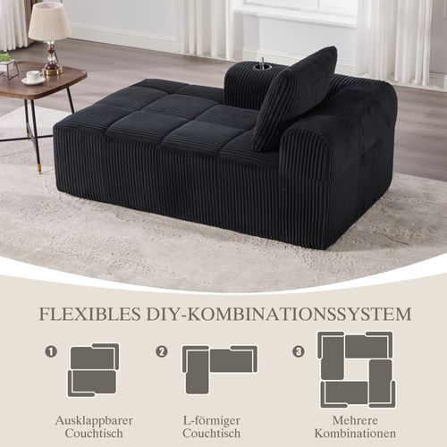 Canapé En Velours Côtelé Noir, Compact, Confortable Avec Rangement Latéral Et Porte-gobelets Intégré